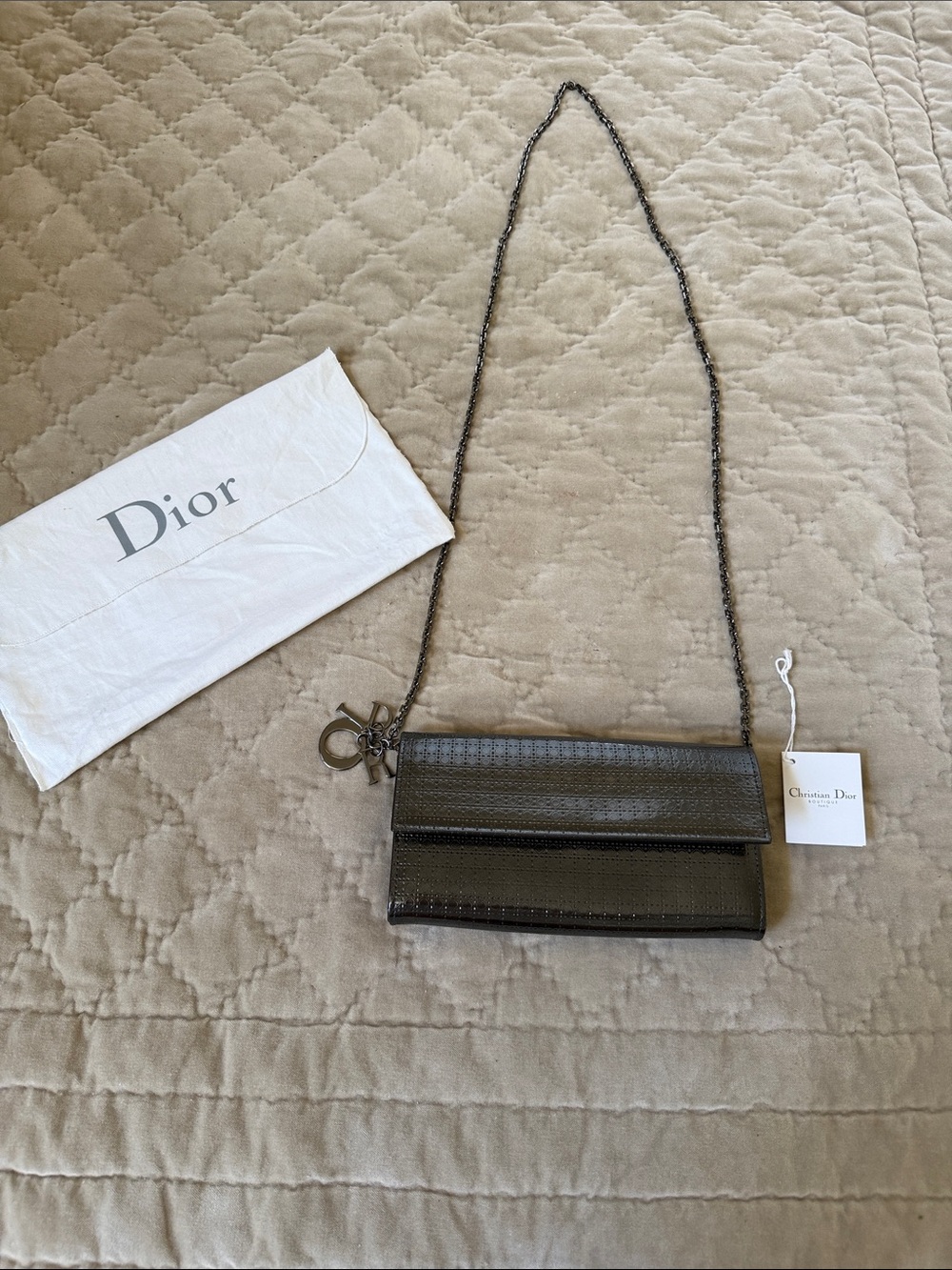Dior Metallic Black Textured Leather Crossbody Bag with Chain